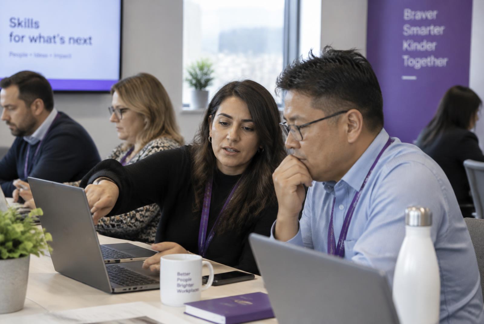 A participant pointing at a laptop screen while a colleague looks on during a workshop